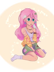 Size: 1125x1500 | Tagged: safe, artist:lunathekitsunegirl, derpibooru import, fluttershy, bird, human, g4, alternate hairstyle, belly button, bracelet, cardigan, clothes, cute, ear piercing, earring, female, flower, flower in hair, humanized, jewelry, kneeling, midriff, necklace, open mouth, piercing, shorts, shyabetes, simple background, socks, solo, tanktop, tattoo, transparent background