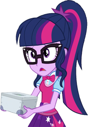 Size: 685x990 | Tagged: safe, derpibooru import, edit, edited screencap, editor:homersimpson1983, screencap, sci-twi, twilight sparkle, human, equestria girls, g4, background removed, box, female, glasses, holding, not a vector, ponytail, sci-twi outfits, solo