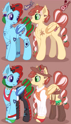 Size: 6895x11908 | Tagged: safe, artist:appleneedle, derpibooru import, oc, oc only, oc:jingle belle jangle, oc:jingle belle rock, bat pony, pony, bat pony oc, bell choker, boots, bow, brown background, choker, christmas, christmas ornament, clothes, cowboy boots, cowboy hat, decoration, duo, ear piercing, earring, fangs, female, fingerless gloves, gloves, hair bow, hat, holiday, jewelry, lasso, looking at each other, looking at someone, mare, mismatched socks, nose piercing, open mouth, pants, piercing, ripped pants, rope, shirt, shoes, siblings, simple background, sisters, socks, stockings, striped socks, tanktop, tattoo, thigh highs, torn clothes, twins, vest, wristband