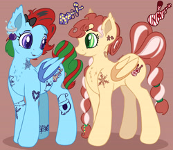 Size: 6895x5954 | Tagged: safe, artist:appleneedle, derpibooru exclusive, derpibooru import, oc, oc only, oc:jingle belle jangle, oc:jingle belle rock, bat pony, pony, bat pony oc, bow, brown background, christmas, christmas ornament, decoration, duo, ear piercing, earring, fangs, female, hair bow, holiday, jewelry, looking at each other, looking at someone, mare, nose piercing, open mouth, piercing, siblings, simple background, sisters, tattoo, twins