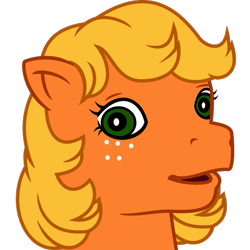 Size: 601x601 | Tagged: safe, artist:lightningbolt, derpibooru exclusive, derpibooru import, applejack (g1), pony, g1, .svg available, bust, derpibooru, derpibooru badge, female, freckles, looking at you, mare, meta, mlp fim's thirteenth anniversary, open mouth, simple background, solo, svg, transparent background, vector