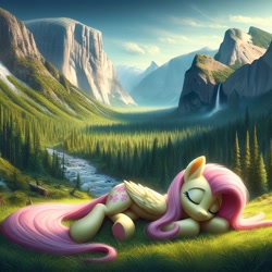 Size: 1024x1024 | Tagged: safe, ai content, derpibooru import, generator:dall-e 3, machine learning generated, fluttershy, pegasus, pony, g4, canyon, conifer, cute, day, eyes closed, female, folded wings, grass, mare, nature, prompter needed, realistic, scenery, sleeping, solo, sunny day, wings, yosemite national park