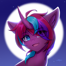 Size: 1500x1500 | Tagged: safe, artist:setharu, derpibooru import, oc, oc only, oc:tempest revenant, pony, unicorn, bust, female, horn, looking at you, mare, moon, simple background, smiling, solo