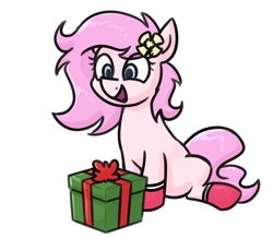 Size: 1252x1095 | Tagged: safe, artist:moonatik, derpibooru import, oc, oc only, oc:kayla, earth pony, pony, clothes, colored sketch, cute, earth pony oc, female, filly, flower, flower in hair, foal, happy, present, simple background, sitting, sketch, socks, solo, transparent background
