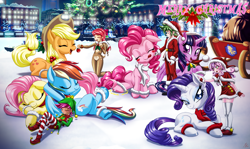 Size: 3000x1787 | Tagged: safe, artist:mauroz, derpibooru import, apple bloom, applejack, fluttershy, pinkie pie, rainbow dash, rarity, scootaloo, spike, sweetie belle, twilight sparkle, alicorn, earth pony, human, pegasus, pony, unicorn, g4, absurd file size, apple, christmas, clothes, commission, costume, cutie mark crusaders, eyes closed, food, hat, holiday, humanized, mane six, open mouth, santa costume, santa hat, santa sack, scarf, sleeping, tongue, tongue out