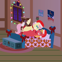 Size: 2160x2160 | Tagged: safe, anonymous artist, derpibooru import, big macintosh, fluttershy, earth pony, pegasus, pony, series:fm holidays, series:hearth's warming advent calendar 2023, g4, advent calendar, alternate hairstyle, bed, bedroom eyes, blushing, boop, bow, choker, chokershy, christmas, christmas lights, clothes, duo, eye contact, female, female on top, fluttermac, fluttershy's bedroom, fluttershy's cottage, garters, grin, hat, high res, holiday, lineless, looking at each other, looking at someone, looking into each others eyes, lying down, male, mare, mare on top, mistletoe, nervous, nervous smile, night, noseboop, on back, on bed, pointy ponies, santa hat, shipping, short mane, smiling, spread wings, stallion, stockings, straight, tail, tail bow, thigh highs, wings
