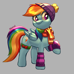 Size: 3000x3000 | Tagged: safe, artist:hexecat, derpibooru import, rainbow dash, pegasus, pony, g4, winter wrap up, clothes, female, hat, scarf, smiling, socks, solo, winter hat, winter outfit