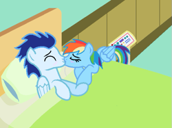 Size: 527x395 | Tagged: safe, artist:sjart117, rainbow dash, soarin', pegasus, pony, female, hospital, kiss on the lips, kissing, male, mare, shipping, soarindash, stallion, straight