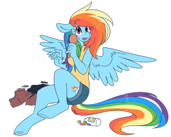 Size: 1448x1159 | Tagged: safe, artist:kipaki, derpibooru import, rainbow dash, anthro, pegasus, unguligrade anthro, g4, clothes, comb, cutie mark, female, human to anthro, male to female, open mouth, potion, rule 63, simple background, sitting, solo, species swap, spread wings, sweat, sweatdrop, torn clothes, transformation, transgender transformation, transparent background, wings