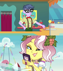 Size: 1920x2160 | Tagged: safe, derpibooru import, edit, edited screencap, screencap, microchips, vignette valencia, human, better together, equestria girls, g4, rollercoaster of friendship, apple, bowtie, candy apple (food), cellphone, crack shipping, female, food, male, phone, ship:valenchips, shipping, smartphone, smiling, straight, suspenders