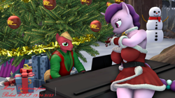 Size: 1280x720 | Tagged: safe, artist:robertwtf, derpibooru import, big macintosh, sugar belle, anthro, earth pony, unicorn, g4, 3d, big breasts, breasts, candy, candy cane, christmas, christmas presents, christmas tree, food, holiday, looking at each other, looking at someone, musical instrument, nexgen, piano, snow, snowman, source filmmaker, tree