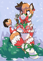 Size: 2500x3500 | Tagged: safe, artist:mtcerber, derpibooru import, discord, oc, oc:carter, earth pony, fox, fox pony, hybrid, pony, bondage, cage, christmas, commission, gag, holiday, kissing, male, ponified, snow, snowfall, species swap