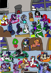 Size: 1247x1778 | Tagged: safe, artist:ask-luciavampire, derpibooru import, princess luna, twilight sparkle, oc, oc:nyx, alicorn, earth pony, pegasus, pony, undead, unicorn, vampire, vampony, christmas, christmas tree, holiday, tree, tumblr