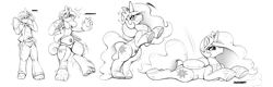Size: 5000x1609 | Tagged: safe, artist:redflare500, derpibooru import, princess celestia, alicorn, human, inflatable pony, g4, crown, grayscale, high res, human to pony, inanimate tf, inflatable, jewelry, lying down, monochrome, pool toy, prone, regalia, simple background, species swap, sploot, transformation, transformation sequence, white background