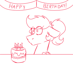 Size: 900x900 | Tagged: safe, artist:fuckomcfuck, derpibooru import, oc, oc only, oc:doodles, pegasus, pony, banner, birthday, birthday cake, cake, candle, food, solo