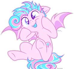 Size: 3670x3377 | Tagged: safe, artist:starshade, derpibooru import, oc, oc only, oc:sweetie swirl, bat pony, bat pony oc, blue tongue, chest fluff, derp, multicolored hair, simple background, solo, squishy cheeks, tongue, tongue out, transparent background