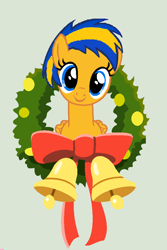 Size: 600x900 | Tagged: safe, artist:mlpfan3991, derpibooru import, oc, oc only, oc:flare spark, pegasus, g4, bell, christmas, female, green background, holiday, jingle bells, looking at you, simple background, smiling, solo, wreath