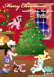 Size: 1280x1811 | Tagged: safe, artist:shinta-girl, derpibooru import, oc, oc only, oc:frozen rose, oc:shinta pony, oc:taekwon magic, angel, bird, aaron pony, christmas, christmas wreath, fire, fireplace, food, glass, group, happy new year, holiday, joshka, merry christmas, plate, sitting, window, wine glass, wreath