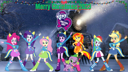 Size: 1920x1080 | Tagged: safe, artist:dipperbronypines98, derpibooru import, applejack, fluttershy, pinkie pie, rainbow dash, rarity, spike, sunset shimmer, twilight sparkle, dog, human, equestria girls, g4, 2023, christmas, holiday, humane five, humane seven, humane six, merry christmas, ponied up, spike the dog, the polar express, train
