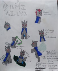 Size: 2011x2448 | Tagged: safe, artist:beastout, derpibooru import, oc, oc:dartz, changeling, book, cloak, clothes, disguise, disguised changeling, judging, portal, reference sheet, sad, smug, spellbook, traditional art