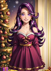 Size: 1152x1592 | Tagged: safe, ai content, derpibooru import, machine learning generated, starlight glimmer, human, g4, big breasts, bow, breasts, bust, christmas, christmas tree, cleavage, clothes, costume, ear piercing, earring, female, holiday, human female, humanized, jewelry, long hair, looking at you, ornaments, piercing, present, prompter needed, santa costume, skirt, smiling, smiling at you, solo, starlight jiggler, tree