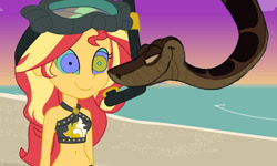 Size: 768x461 | Tagged: safe, artist:ocean lover, derpibooru import, edit, sunset shimmer, human, python, snake, better together, equestria girls, g4, unsolved selfie mysteries, background, bare midriff, bare shoulders, beach, belly button, bikini, bikini top, clothes, cloud, crossover, disney, dive mask, goggles, hypno eyes, hypnosis, hypnotized, kaa, kaa eyes, looking at each other, looking at someone, midriff, ocean, outdoors, sand, sky, smiling, snorkel, sunset, sunset shimmer's beach shorts swimsuit, swimsuit, swirly eyes, the jungle book, thumbnail, trance, two toned hair, water, wave, youtube link, youtube thumbnail