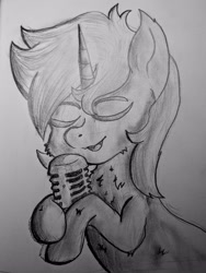 Size: 3072x4080 | Tagged: safe, artist:moonlightrift, derpibooru import, oc, oc only, oc:mr_some1, unicorn, holding, male, microphone, ponysona, solo, traditional art