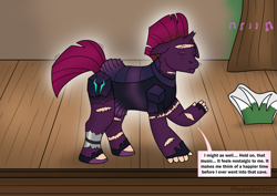 Size: 2283x1614 | Tagged: safe, artist:sparkbolt3020, derpibooru import, tempest shadow, g4, amputee, clothes, commission, dancing, music notes, prosthetic limb, prosthetics, speech bubble, stage, tomboy taming, transformation, tutu