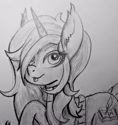 Size: 2970x3148 | Tagged: safe, artist:moonlightrift, derpibooru import, oc, oc only, oc:virdia, oc:virdia noire, unicorn, :p, clothes, ear fluff, ears, hair over one eye, jacket, solo, tongue, tongue out, traditional art