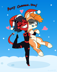 Size: 1000x1266 | Tagged: safe, artist:kumakum, derpibooru import, oc, oc:kiva, demon, pony, robot, robot pony, christmas, commission, crossover, cute, duo, duo female, female, hat, heart, hellborn, helluva boss, holiday, hug, imp, mare, millie knolastname, santa hat, smiling, snow, text, wholesome