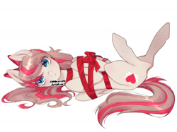 Size: 1990x1490 | Tagged: safe, artist:ruru_01, derpibooru import, angel wings, pegasus, pony, blue eyes, blushing, bow, christmas, female, folded wings, hair bow, holiday, looking at you, lying down, mare, present, simple background, solo, tied up, white background, wings