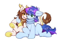Size: 1952x1374 | Tagged: safe, artist:swaybat, derpibooru import, oc, oc:crystal eve, oc:睦睦, original species, pony, 2024 community collab, chest fluff, clothes, derpibooru community collaboration, duo, ear fluff, ears, fluffy, hug, looking at each other, looking at someone, scarf, simple background, sitting, smiling, smiling at each other, transparent background