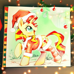 Size: 3072x3072 | Tagged: safe, ai content, derpibooru import, generator:purplesmart.ai, generator:stable diffusion, machine learning generated, sunset shimmer, pony, unicorn, g4, christmas, christmas clothing, clothes, costume, eyebrows, female, happy, hat, high res, holiday, looking back, mare, open mouth, open smile, prompter:sunnysd, raised hoof, raised leg, santa costume, santa hat, smiling, solo