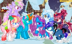 Size: 720x445 | Tagged: safe, artist:painterheart37, derpibooru import, oc, oc only, oc:altersmay earth, oc:laura orchid, oc:star shine, alicorn, earth pony, pegasus, pony, unicorn, accessory, alicorn oc, bunny ears, clothes, colored hooves, colored wings, ear piercing, earth pony oc, flying, folded wings, glasses, heterochromia, hoof on chest, horn, jewelry, leaning, leaning forward, looking at each other, looking at someone, necklace, older altersmay earth, pegasus oc, piercing, ponyville, raised hoof, raised leg, round glasses, septet, signature, smiling, smiling at each other, spread wings, unicorn oc, unnamed oc, wings, winter