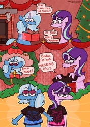 Size: 1448x2048 | Tagged: safe, artist:falloutfurret, derpibooru import, starlight glimmer, trixie, pony, unicorn, g4, book, christmas, christmas stocking, christmas tree, clothes, comic, dialogue, duo, duo female, female, holiday, lesbian, levitation, lidded eyes, looking at you, magic, mare, present, shipping, shirt, speech bubble, starlight glimmer is not amused, startrix, suddenly hands, t-shirt, telekinesis, tree, unamused