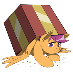 Size: 2000x2000 | Tagged: safe, artist:erein, derpibooru import, scootaloo, pegasus, pony, g4, box, christmas, colored, commission, cute, cutealoo, ears up, female, filly, flat colors, foal, happy, holiday, looking at you, pony in a box, present, simple background, smiling, smiling at you, solo, white background, wings