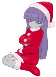 Size: 1860x2546 | Tagged: safe, alternate version, artist:batipin, derpibooru import, part of a set, maud pie, human, equestria girls, g4, breasts, christmas, clothes, costume, eyes closed, hat, holiday, maud pies, santa costume, santa hat, simple background, transparent background