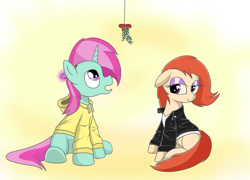 Size: 2500x1800 | Tagged: safe, artist:amateur-draw, derpibooru import, oc, oc only, oc:belle boue, oc:phosphor flame, earth pony, unicorn, christmas, clothes, female, holiday, hoodie, jacket, leather, leather jacket, makeup, male, mare, mistletoe, shirt, simple background, sombra's pencil, stallion