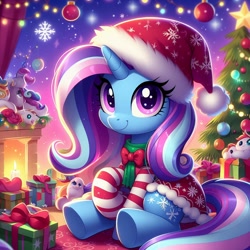 Size: 1024x1024 | Tagged: safe, ai content, artist:3d4d, derpibooru import, machine learning generated, trixie, pony, unicorn, g4, christmas, christmas presents, christmas tree, clothes, female, hat, holiday, looking at you, mare, on floor, present, santa hat, sitting, smiling, smiling at you, solo
