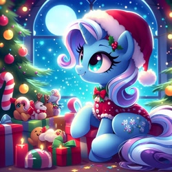 Size: 1024x1024 | Tagged: safe, ai content, artist:3d4d, derpibooru import, machine learning generated, trixie, pony, unicorn, g4, christmas, christmas presents, christmas tree, clothes, female, hat, holiday, mare, present, santa hat, sitting, smiling