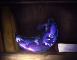 Size: 2386x1853 | Tagged: safe, artist:gosha305, derpibooru import, nightmare moon, alicorn, pony, g4, antagonist, armor, book, bookshelf, bottle, curved horn, dark, ethereal mane, fangs, female, folded wings, galaxy mane, helmet, hoof shoes, horn, jewelry, looking at you, mare, micro, nightmare moon armor, princess shoes, regalia, smiling, smiling at you, solo, staring at you, teeth, villainess, wings