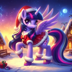 Size: 1024x1024 | Tagged: safe, ai content, derpibooru import, generator:dall-e 3, machine learning generated, twilight sparkle, twilight sparkle (alicorn), alicorn, pony, g4, bench, christmas, clothes, costume, female, full moon, hat, holiday, hoof boots, house, looking at you, looking sideways, mare, moon, night, night sky, one leg raised, present, prompter needed, santa costume, santa hat, sky, smiling, smiling at you, snow, solo, spread wings, stars, wings, winter, wrong cutie mark