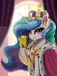 Size: 2160x2880 | Tagged: safe, artist:zodiacx10, derpibooru import, princess celestia, alicorn, pony, g4, crown, ear fluff, ears, female, high res, hoof hold, hoof shoes, horn, jewelry, looking at you, mare, peytral, princess shoes, raised hoof, raised leg, regalia, scepter, smiling, smiling at you, solo, twilight scepter