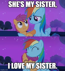 Size: 500x542 | Tagged: safe, derpibooru import, edit, edited screencap, screencap, rainbow dash, scootaloo, pegasus, pony, g4, sleepless in ponyville, ^^, barney the dinosaur, best pony, caption, cute, cutealoo, daaaaaaaaaaaw, dashabetes, duo, eyes closed, female, filly, foal, heartwarming, hug, image macro, looking at each other, looking at someone, mare, meme, night, parody, reference, scene parody, scootalove, siblings, sisters, smiling, smiling at each other, song in the description, starry night, text, wholesome, winghug, wings