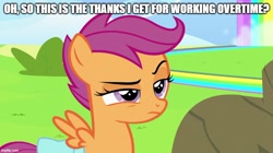 Size: 888x499 | Tagged: safe, derpibooru import, edit, edited screencap, screencap, scootaloo, pegasus, pony, g4, parental glideance, annoyed, bag, caption, eyebrows, female, filly, foal, frown, image macro, meme, overtime, parody, raised eyebrow, reference, saddle bag, scene parody, solo, spongebob squarepants, text