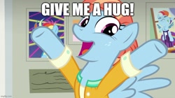 Size: 888x499 | Tagged: safe, derpibooru import, edit, edited screencap, screencap, rainbow dash, windy whistles, pegasus, pony, g4, parental glideance, baby, caption, clothes, cute, female, freckles, hooves up, hug, image macro, jacket, mare, meme, mothers gonna mother, open mouth, open smile, picture, smiling, text, windybetes