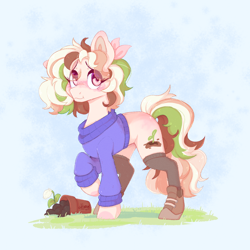 Size: 2000x2000 | Tagged: safe, artist:lionbun, derpibooru import, oc, oc:spring root, earth pony, pony, blushing, clothes, cute, earth pony oc, female, flower, flower pot, mare, shoes, socks, stockings, sweater, thigh highs