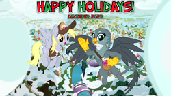 Size: 2064x1161 | Tagged: safe, artist:cheezedoodle96, artist:not-yet-a-brony, derpibooru import, griffon, pegasus, g4, 2023, bag, christmas, cloud, december, friendship, happy holidays, hearth's warming, holiday, lyrics in the description, mail, mailbag, mailmare, ponyville, scenic ponyville, smiling, snow, song in the description, youtube link in the description