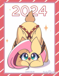 Size: 1100x1400 | Tagged: safe, artist:miryelis, derpibooru import, fluttershy, deer, deer pony, hybrid, original species, pegasus, g4, 2024, animated, bell, cute, face down ass up, female, full body, gif, happy new year 2024, long hair, looking at you, ribbon, shyabetes, signature, simple background, smiling, solo, sparkles, white background, wings