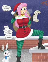 Size: 1280x1642 | Tagged: safe, artist:lennondash, derpibooru import, angel bunny, fluttershy, human, rabbit, equestria girls, g4, animal, antlers, bells, belt, boots, breasts, buttons, chimney, christmas, christmas outfit, cleavage, clothes, collar, dialogue, gloves, hat, holiday, hootershy, list, nice list, open mouth, outdoors, paper, sack, santa hat, scarf, shoes, snow, word bubble